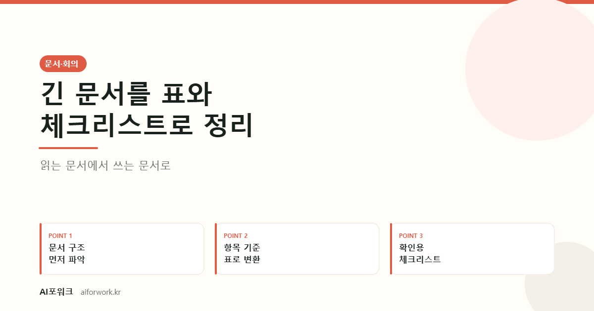 긴 문서를 표와 체크리스트로 정리 — 읽는 문서에서 쓰는 문서로. 핵심 세 가지: 문서 구조 먼저 파악, 항목 기준 표로 변환, 확인용 체크리스트